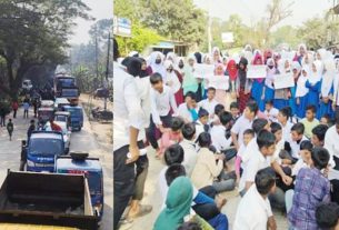 রামগঞ্জ সড়কে স্পিড ব্রেকারের দাবিতে শিার্থীদের সড়ক অবরোধ