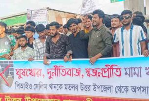 মতলব উত্তরে পিআইও সেলিম খানের অপসারণ দাবিতে স্থানীয়দের মানববন্ধন